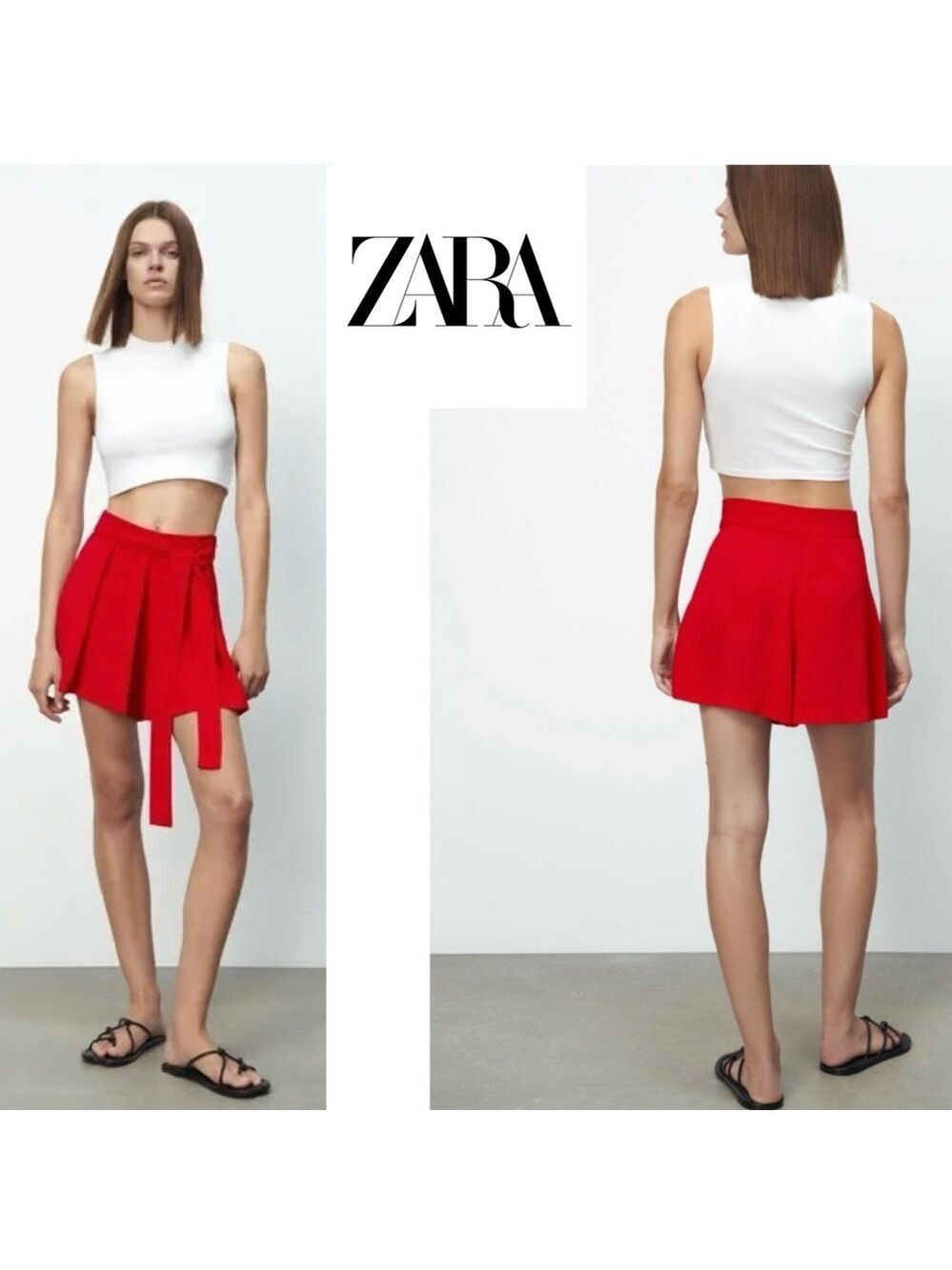 Zara red pleated dress shorts fabric belt tie waist M spring summer high waist